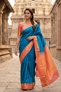 Blue Kanjivaram Silk Saree with Contrast Zari Border 10078173