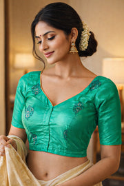 Tropical Teal Green Kanjivaram Soft Silk Blouse With Floral Motifs 10076627