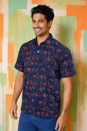 Blue Half Sleeve Jahota Printed Cotton Mens Shirt 10074318