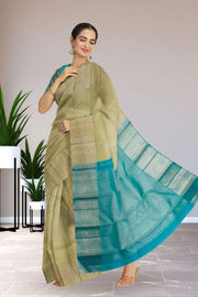 Greenish Pastel Yellow Pure Zari Kanjivaram Silk Saree 10063139