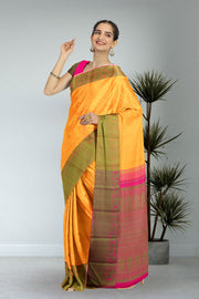 Saffron Yellow Threadwork Kanjivaram Silk Saree 10059197