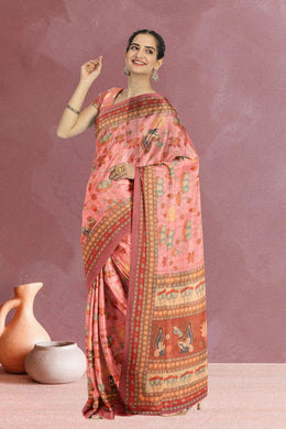 Pink Kalamkari Printed Malai Cotton Saree 10074680