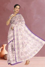 Cream Kalamkari Kantha Printed Malai Cotton Saree 10074905