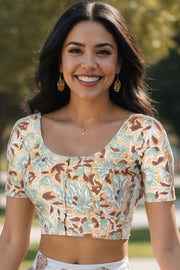 Green Handblock Printed Cotton Blouse 10075218