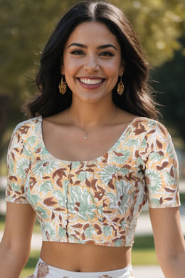 Green Handblock Printed Cotton Blouse 10075218