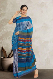 Blue Printed Tussar Silk Saree 10076292