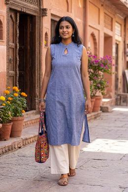 Blue Handcrafted Solid Style Sleeveless Cotton Kurta 10077454