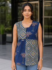 Blue Handblock Printed Women Sleevless Shirt 10077196