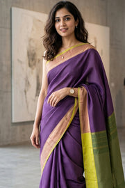 Purple Vegan Silk Kanjivaram Saree With Checks Design 10076334