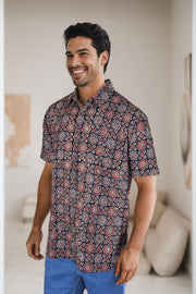 Black Half Sleeve Ajrakh Printed Cotton Mens Shirt 10071094