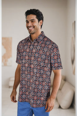 Black Half Sleeve Ajrakh Printed Cotton Mens Shirt 10071094