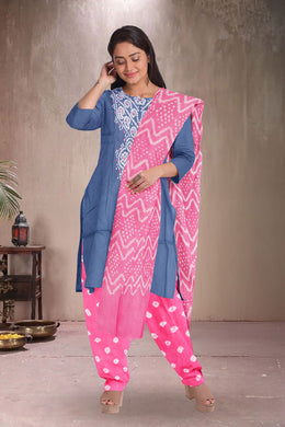 Blue Bandhani Mirror Work 3 Piece Salwar Suit Material 10075476