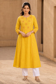 Yellow Hand Embroidered Cotton Kurta 10077630