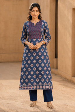 Blue Hand Block Printed Cotton Kurta 10077665
