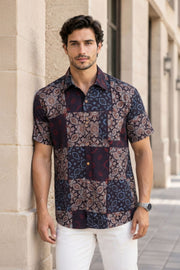 Black Half Sleeve Ajrakh Printed Cotton Mens Shirt 10072906