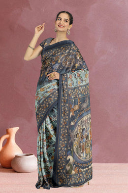 Blue Kalamkari Printed Malai Cotton Saree 10074690
