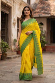 Lemon Yellow  Handloom Chettinad Cotton Saree 10077353