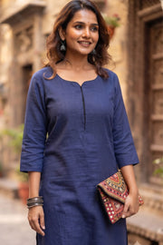 Blue Handcrafted Slub Cotton Kurta 10077424