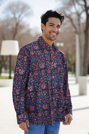 Blue Full Sleeve Jahota Printed Cotton Mens Shirt 10073159