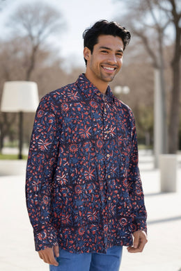 Blue Full Sleeve Jahota Printed Cotton Mens Shirt 10073159