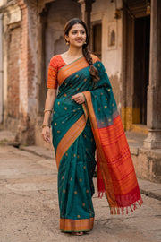 Peacock Green Handloom Kanchi Silk Cotton Saree 10077996