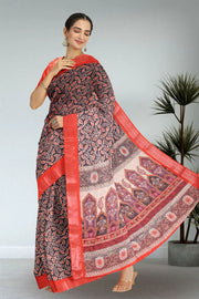 Black Fancy Printed Linen Saree 10068772