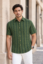 Green Indigo Hand block Print Cotton Mens Half Sleeve Shirt 10076848