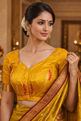  Sunset Yellow Kanjivaram Soft Silk Blouse With Floral Motifs And Zari Border 10076613