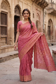 Dusky Rose Chikankari Embroided Organza Saree 10078123