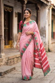 Pastel Pink Kanjivaram Vegan Silk Saree with Temple Border 10077946