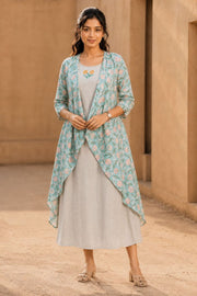 Blue Printed Cotton Dress With Coat 10077618