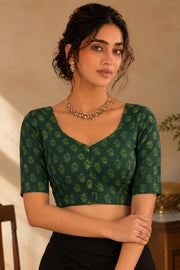 Green Indigo Hand Block Print Cotton Blouse 10078150