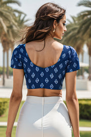 Blue Diamond Motif Indigo Hand Block Print Cotton Blouse 10074576