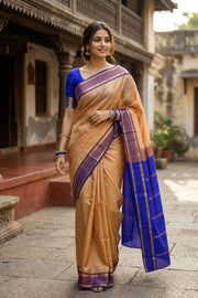 Cream Kanjivaram Pure Silk Saree with Contrast Border 10077891