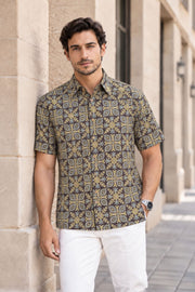 Black Half Sleeve Ajrakh Printed Cotton Mens Shirt 10071085