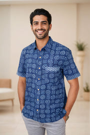 Indigo Handblock Print Pre-Washed Pure Cotton Shirt 10074613