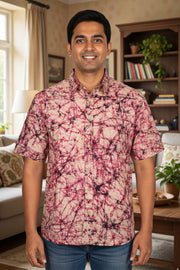 Pink Half Sleeve Batik Printed Cotton Mens Shirt 10076355