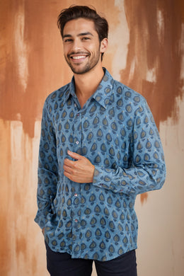 Blue Full Sleeve Vanaspathi Print Modal Silk Mens Shirt 10074058