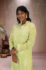 Green Chikankari Embroidery Cotton Kurta 10074391