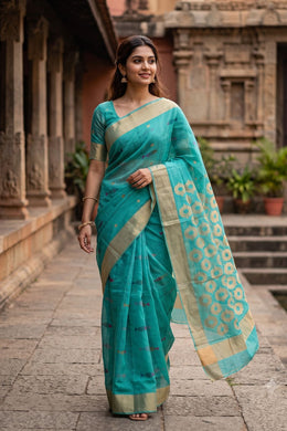 Blue Fish Motifs Chanderi Printed Silk Cotton Saree 10075937