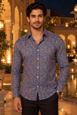 Blue Ajrakh Printed Vegan Modal Silk Mens Shirt 10078103