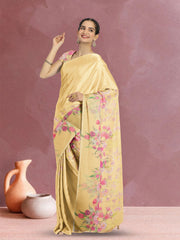 Yellow Floral Printed Linen Saree 10074019