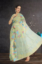 Green Handloom Printed Chanderi Saree 10071054