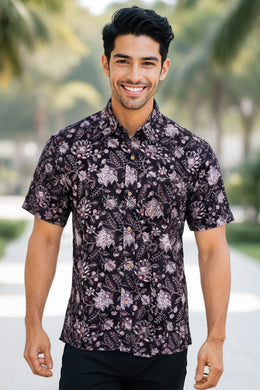 Black Half Sleeve Jahota Printed Cotton Mens Shirt 10074314