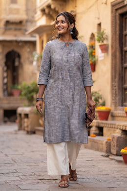 Grey Handcrafted Slub Cotton Kurta 10077430