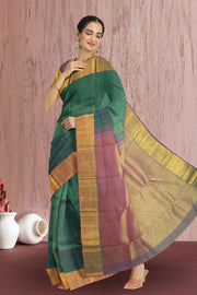 Bottle Green Kanjivaram Silk Saree with Checks Design 10075635