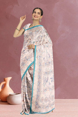 Cream Kalamkari Kantha Printed Malai Cotton Saree 10074902