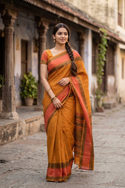 Mustard Yellow Handloom Kanchi Silk Cotton Saree 10078001