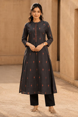 Rustic Black Hand Embroidered Cotton Kurta 10077666