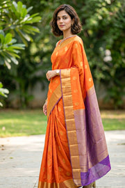 Orange Kanjivaram Vegan Silk Saree with Contrast Pallu 10073885